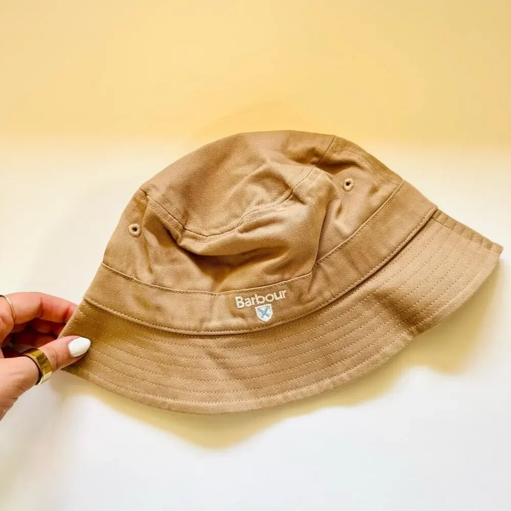 NEW BARBOUR Khaki Tan White Logo Cascade Floppy Packable Bucket Tartan Lined Hat